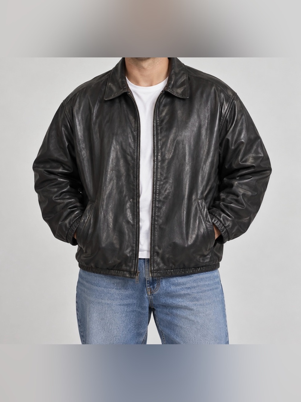 Vintage St Johns Bay Leather Bomber Jacket Mens XXLarge Black Quilted Lined